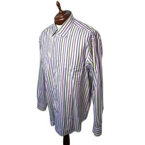 Robert Talbott Carmel Purple Green White Striped Long Sleeve Shirt - Men's XL